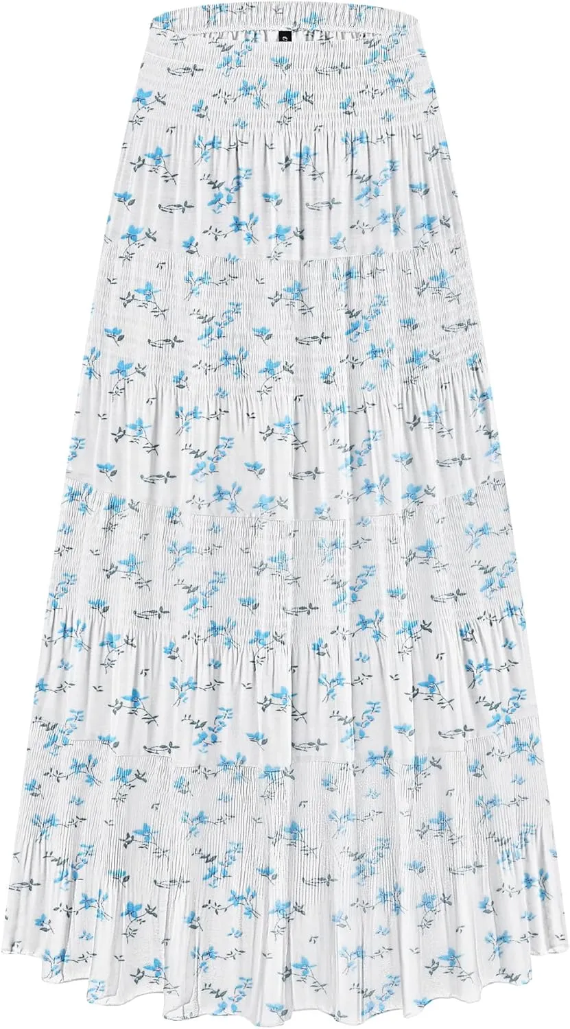 CYiNu Women's Chiffon Elastic High Waist Tiered Pleated Floral Printed A-Line Boho Long Maxi Skirts