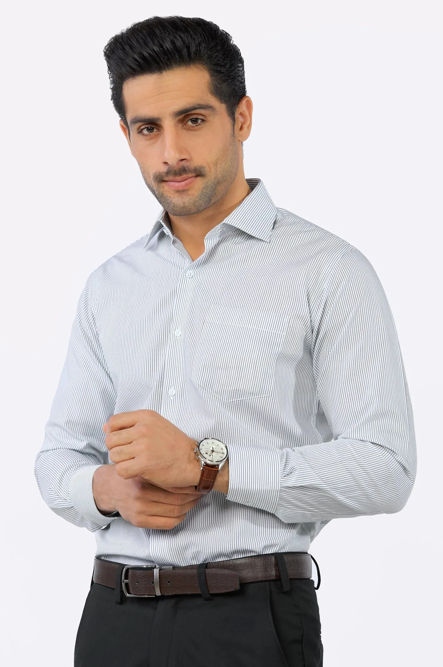 Dark Green Hairline Stripes Formal Shirt