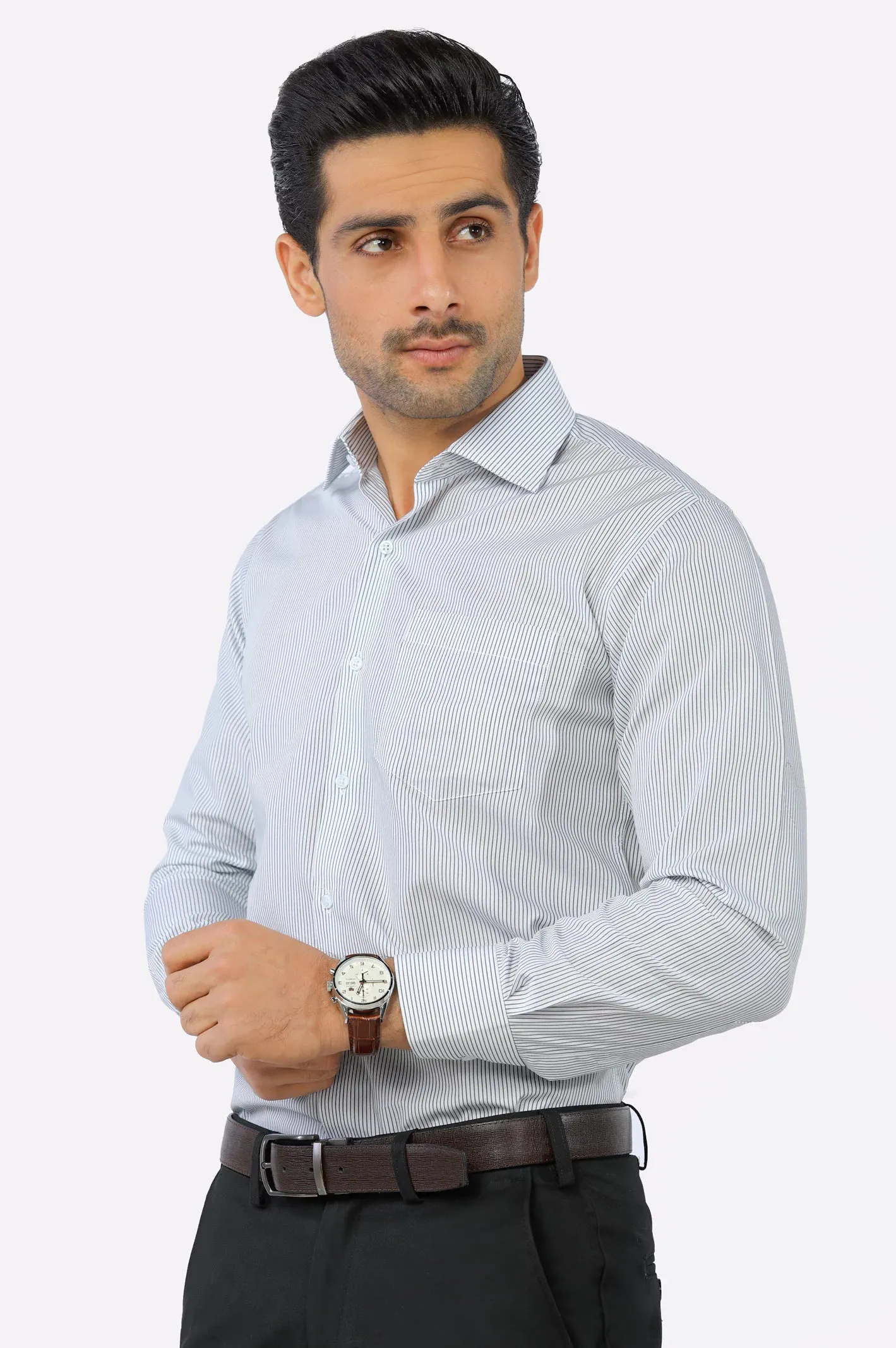 Dark Green Hairline Stripes Formal Shirt