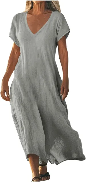 DDAPJ pyju Casual Summer Dresses for Women 2025 Linen V Neck Short Sleeve Tshirt Dress Beach Vacation Flowy Maxi Dresses