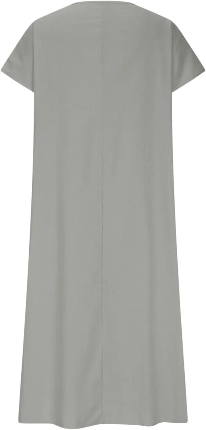 DDAPJ pyju Casual Summer Dresses for Women 2025 Linen V Neck Short Sleeve Tshirt Dress Beach Vacation Flowy Maxi Dresses