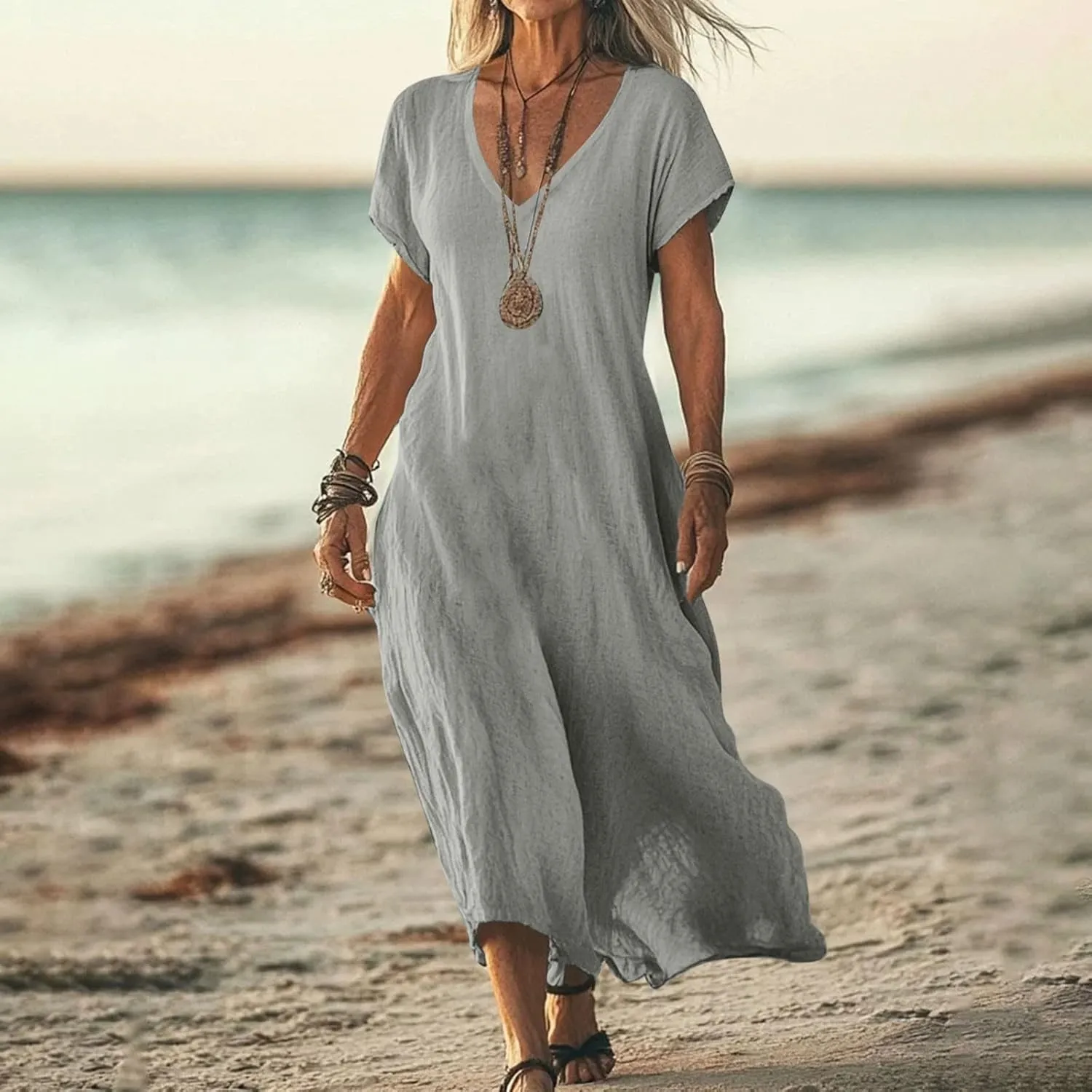 DDAPJ pyju Casual Summer Dresses for Women 2025 Linen V Neck Short Sleeve Tshirt Dress Beach Vacation Flowy Maxi Dresses