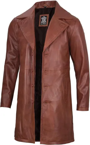 Decrum Leather Coat Men - Car Coat Style Fashion Long Leather Jacket Men