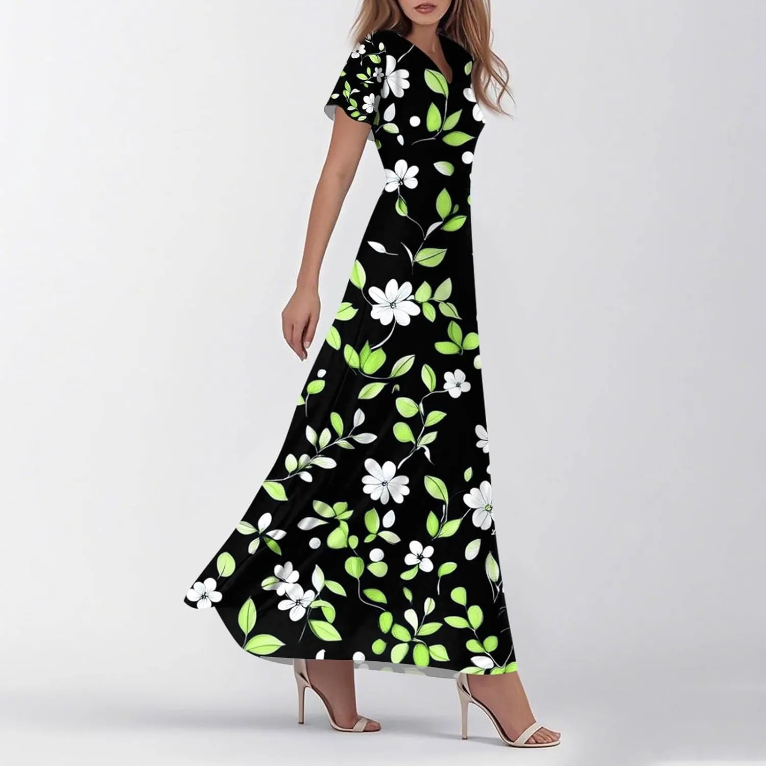 DOPOCQ Dresses for Women Trendy Floral Print Hem Chiffon Cocktail Dress Summer Ruffle Short Sleeve V Neck Flowy Sundress