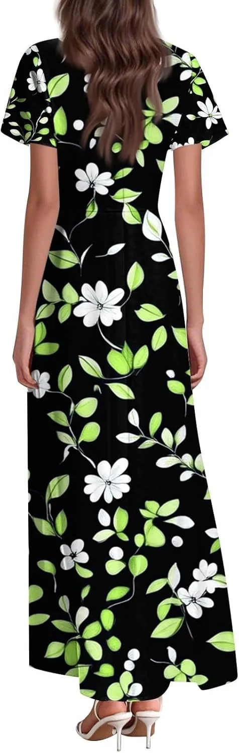 DOPOCQ Dresses for Women Trendy Floral Print Hem Chiffon Cocktail Dress Summer Ruffle Short Sleeve V Neck Flowy Sundress