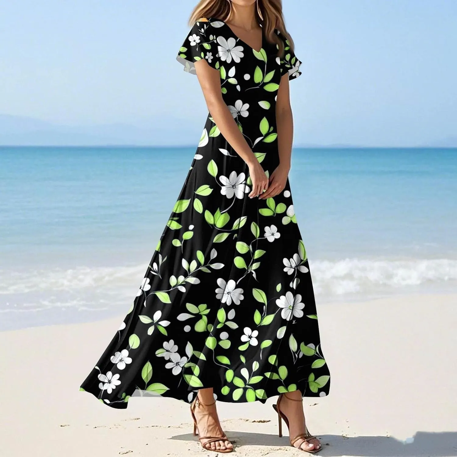 DOPOCQ Dresses for Women Trendy Floral Print Hem Chiffon Cocktail Dress Summer Ruffle Short Sleeve V Neck Flowy Sundress