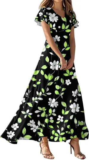 DOPOCQ Dresses for Women Trendy Floral Print Hem Chiffon Cocktail Dress Summer Ruffle Short Sleeve V Neck Flowy Sundress