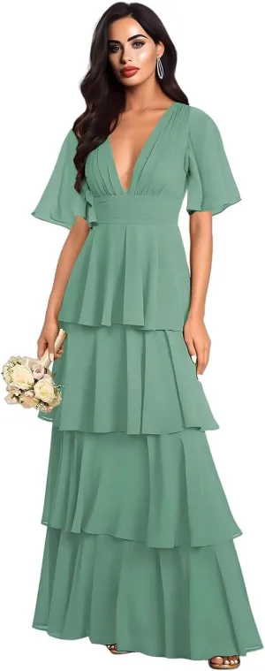 Double V Neck Short Sleeve Bridesmaid Dresses Long Ruffled Chiffon Tiered A Line Formal Evening Dress EL92