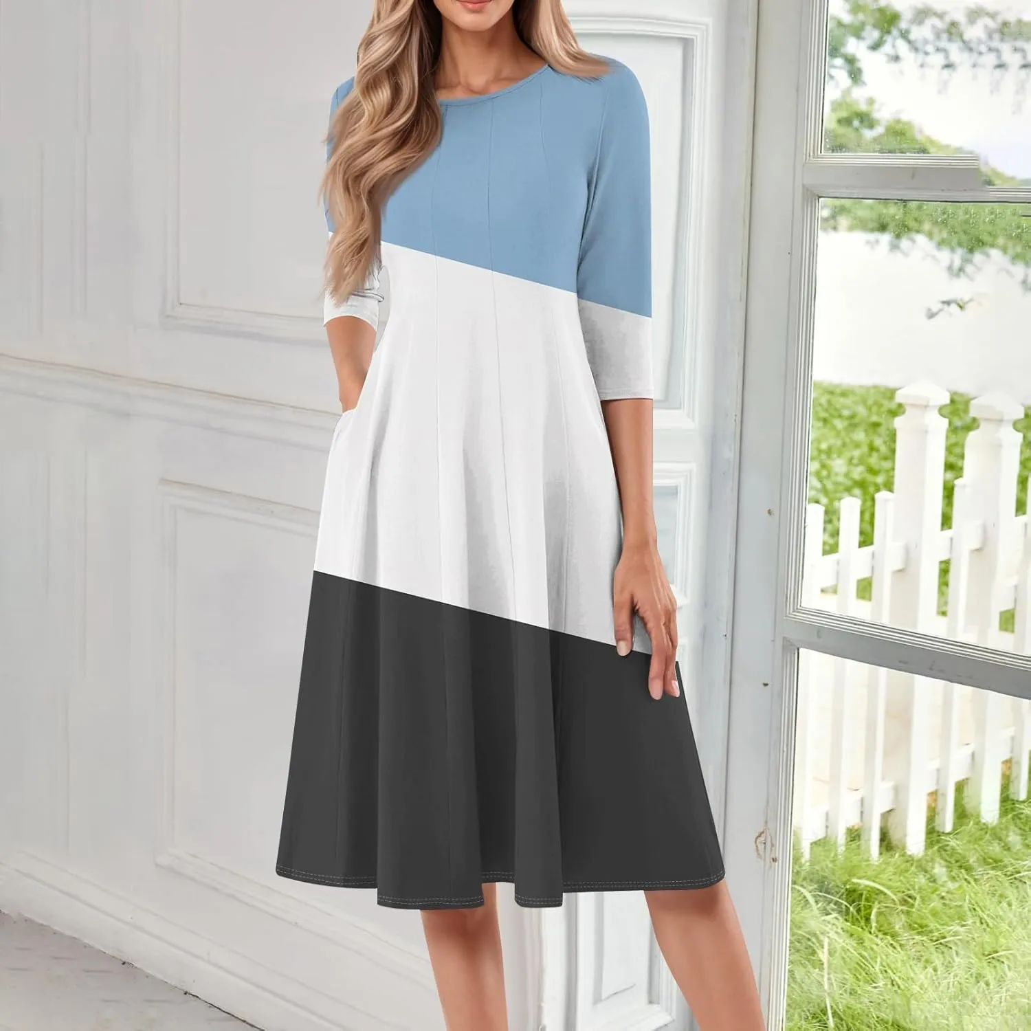 Dresses for Women 2025 Casual Summer Spring Midi Elegant Shirt Dress Knee Length Trendy Floral Sundresses 3/4 Sleeve
