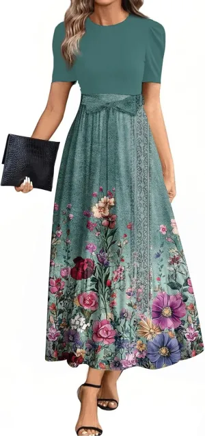 Dresses for Women 2025 Short Sleeve Round Neck Knee Length Dress A Line Long Flowy Beach Dress
