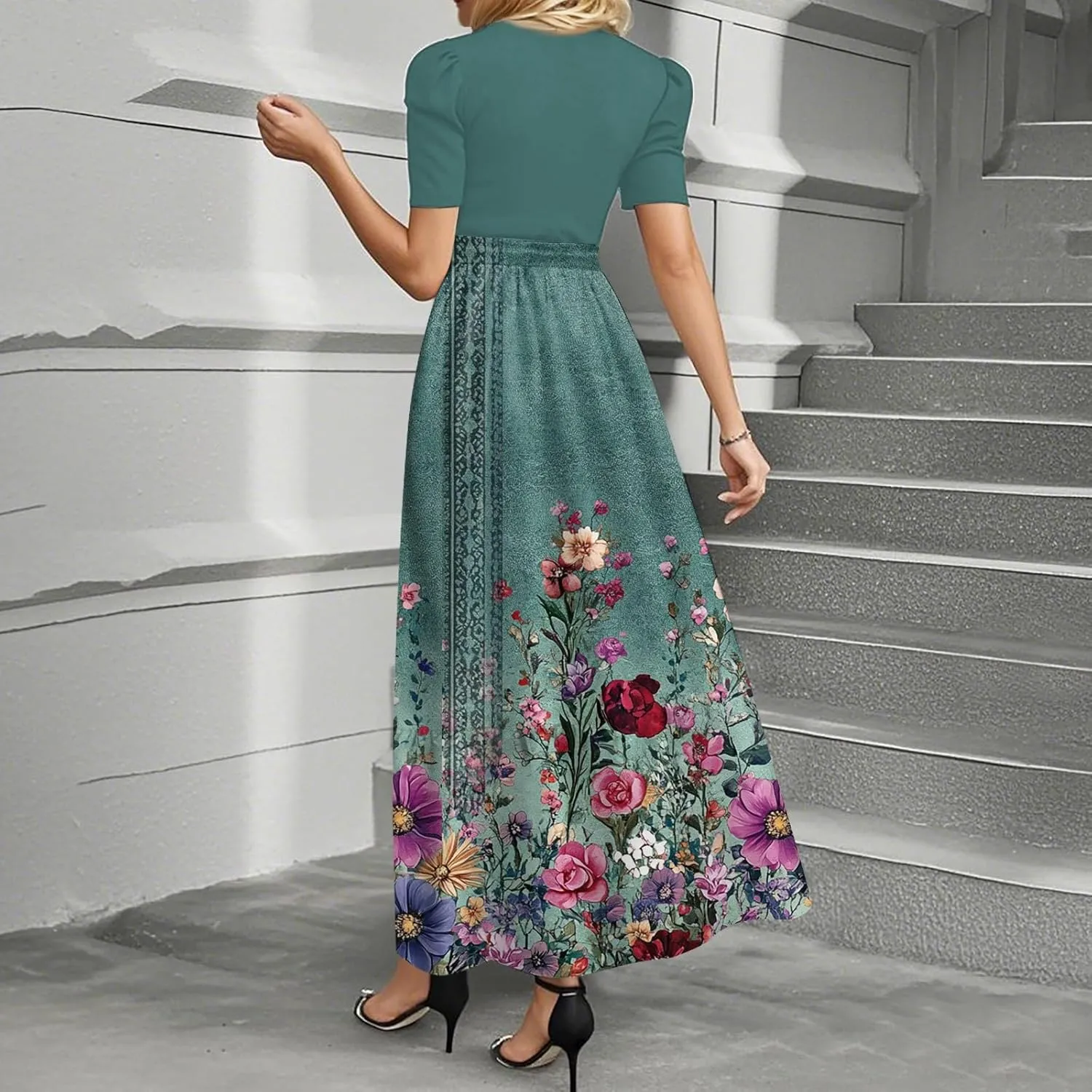 Dresses for Women 2025 Short Sleeve Round Neck Knee Length Dress A Line Long Flowy Beach Dress