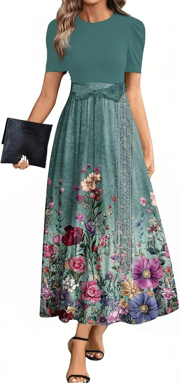 Dresses for Women 2025 Short Sleeve Round Neck Knee Length Dress A Line Long Flowy Beach Dress