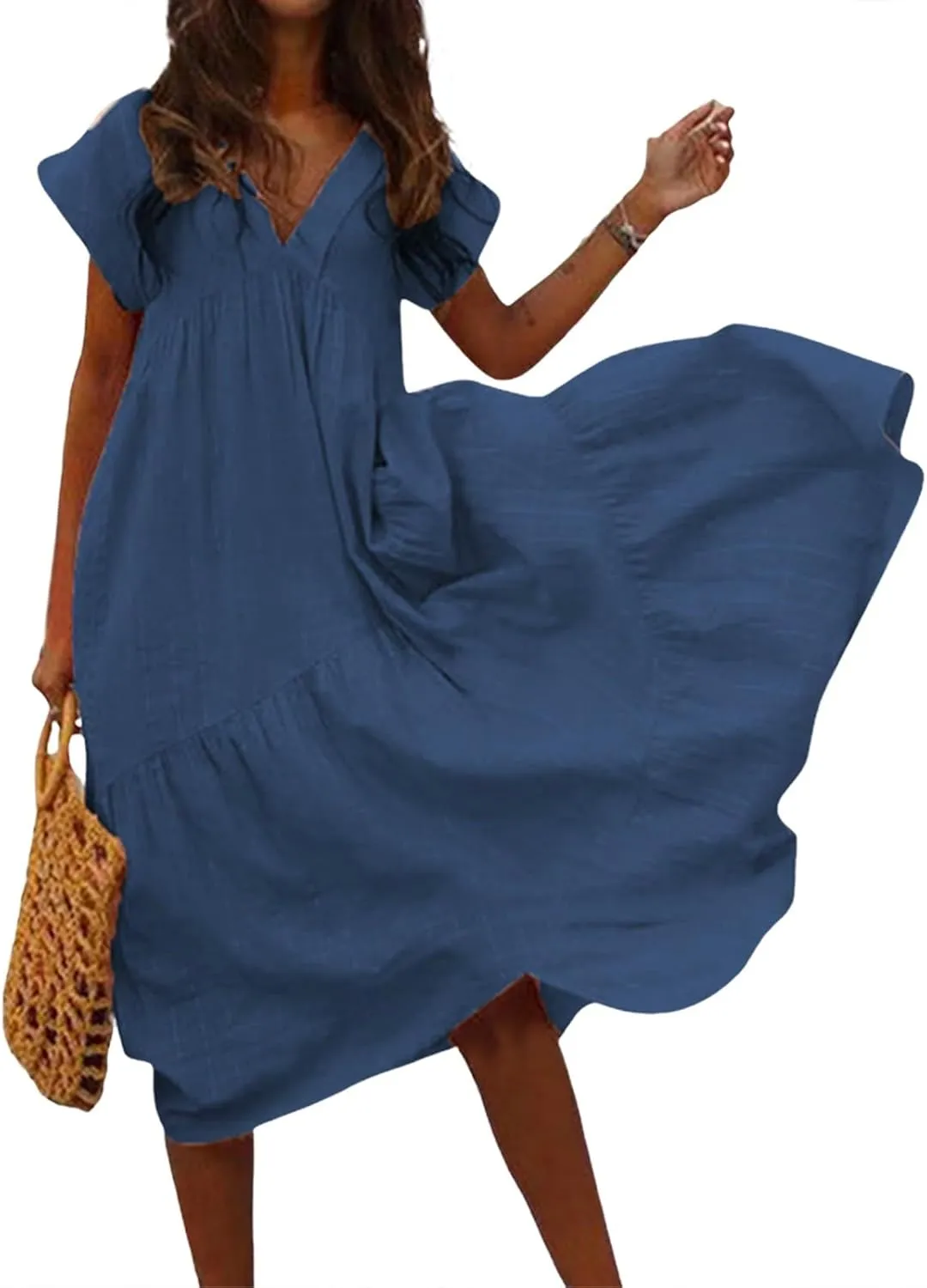 Dresses for Women 2025 Summer Casual Trendy Short Sleeve V-Neck Solid Color Flowy Beach Maxi Linen Dress, S-2XL
