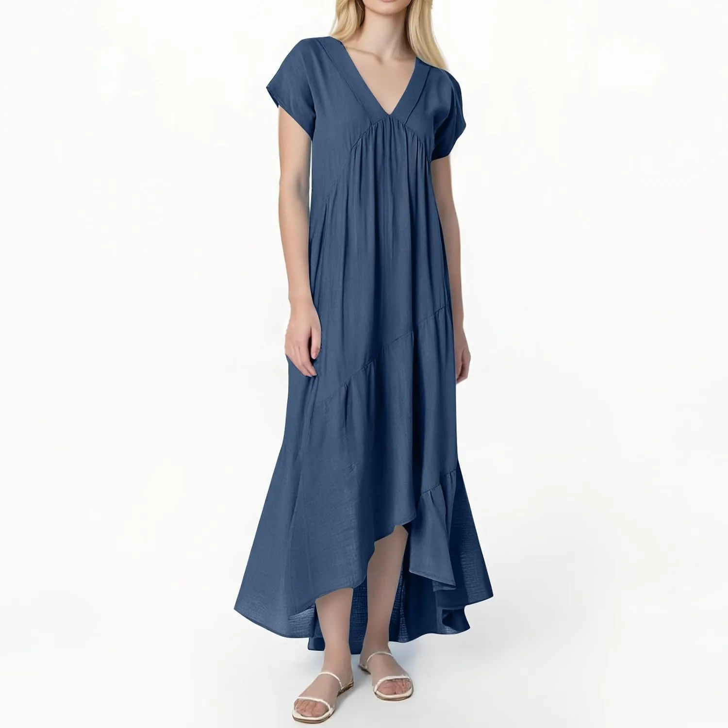 Dresses for Women 2025 Summer Casual Trendy Short Sleeve V-Neck Solid Color Flowy Beach Maxi Linen Dress, S-2XL