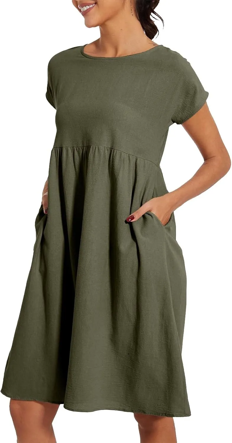 Dresses for Women Summer Short Sleeves Crew Neck Cotton Linen Solid Casual Vacation Beach Flowy Sundress with Pockets