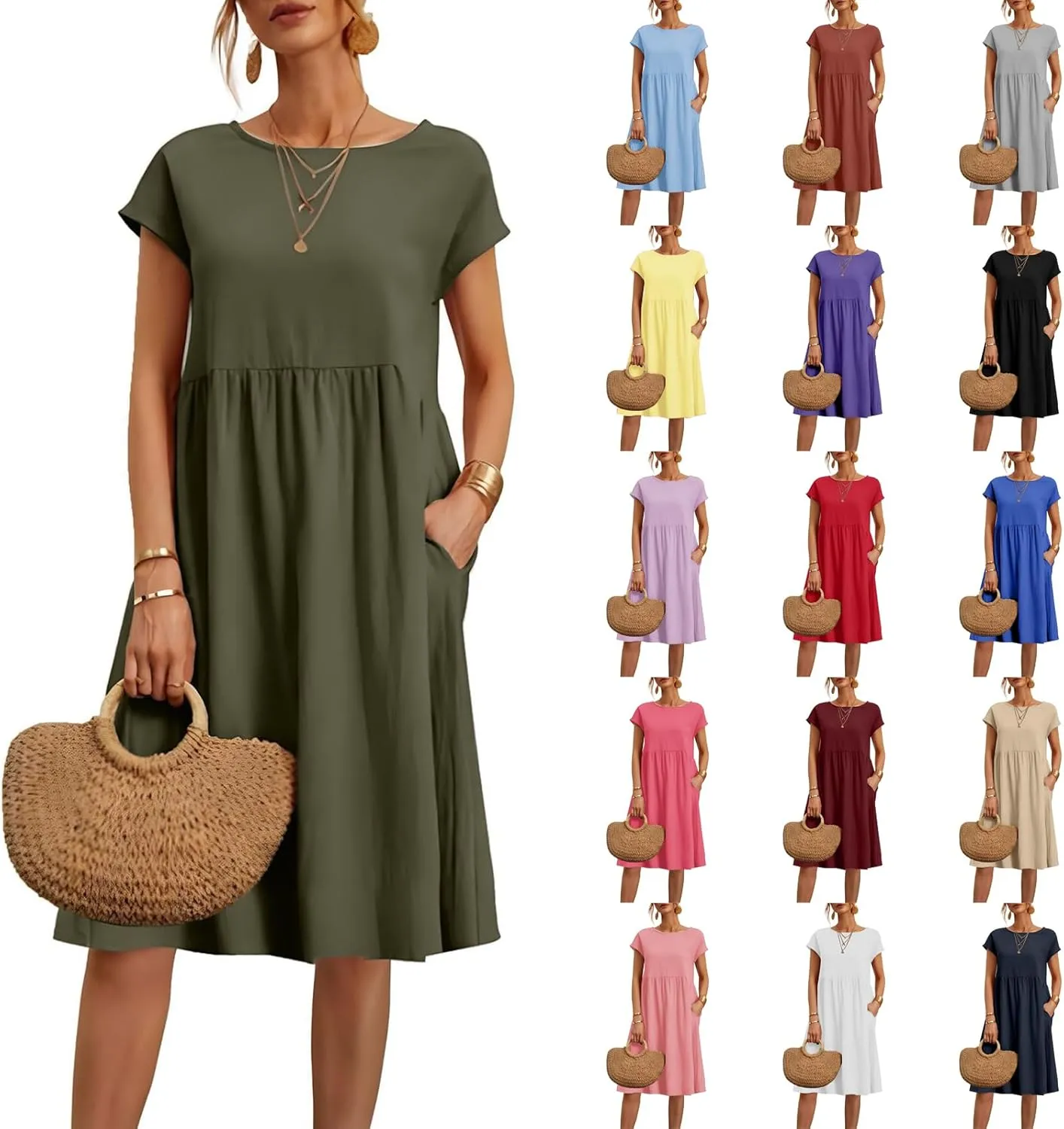 Dresses for Women Summer Short Sleeves Crew Neck Cotton Linen Solid Casual Vacation Beach Flowy Sundress with Pockets
