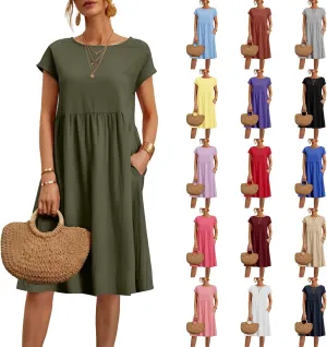 Dresses for Women Summer Short Sleeves Crew Neck Cotton Linen Solid Casual Vacation Beach Flowy Sundress with Pockets