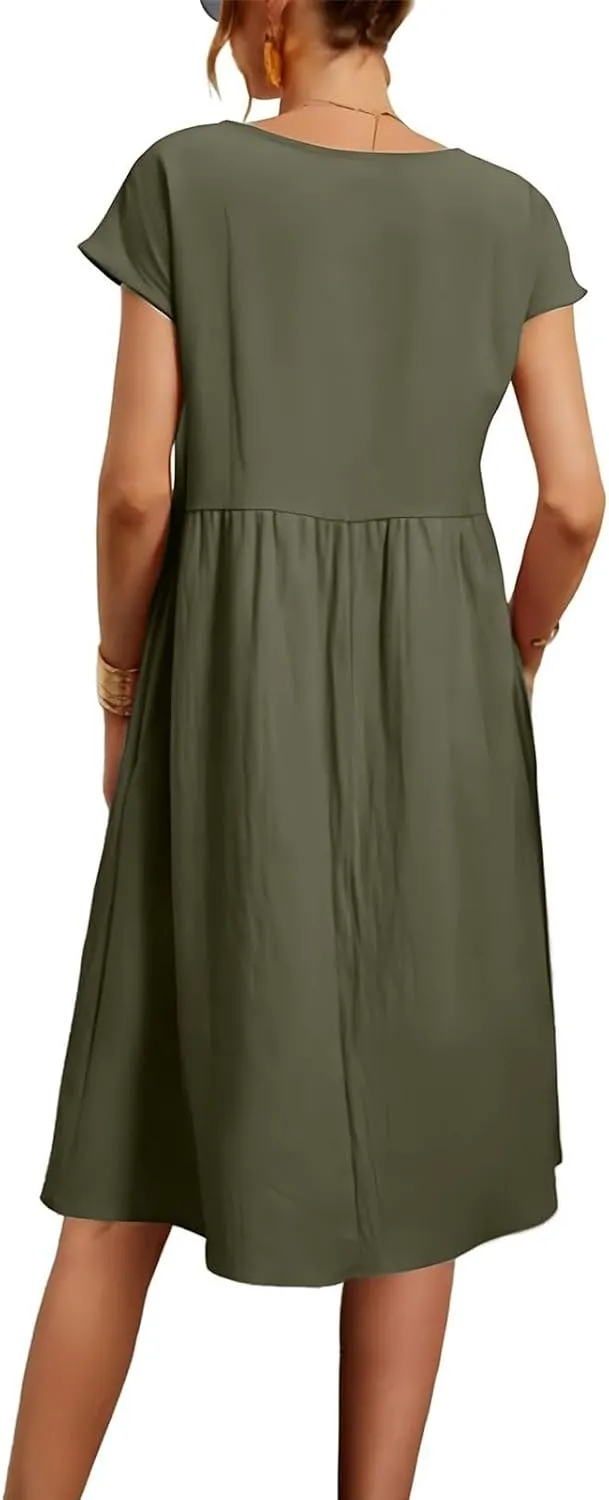 Dresses for Women Summer Short Sleeves Crew Neck Cotton Linen Solid Casual Vacation Beach Flowy Sundress with Pockets