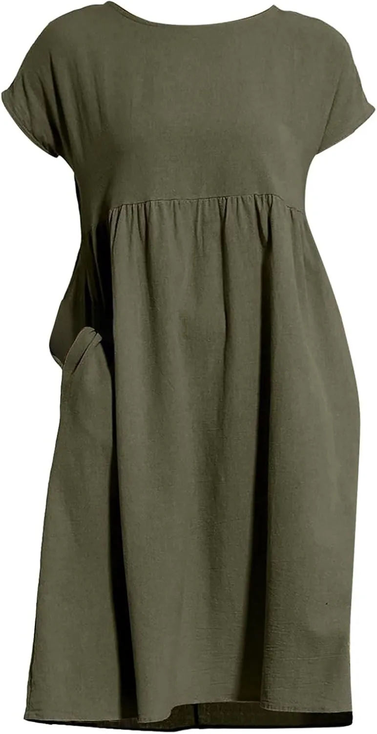 Dresses for Women Summer Short Sleeves Crew Neck Cotton Linen Solid Casual Vacation Beach Flowy Sundress with Pockets