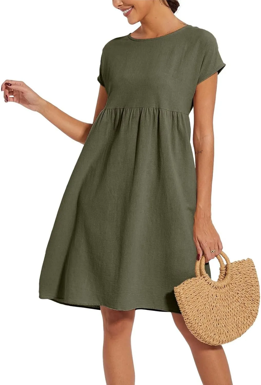Dresses for Women Summer Short Sleeves Crew Neck Cotton Linen Solid Casual Vacation Beach Flowy Sundress with Pockets