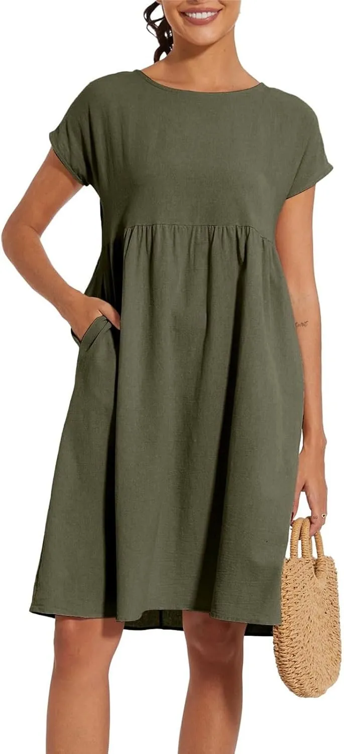 Dresses for Women Summer Short Sleeves Crew Neck Cotton Linen Solid Casual Vacation Beach Flowy Sundress with Pockets