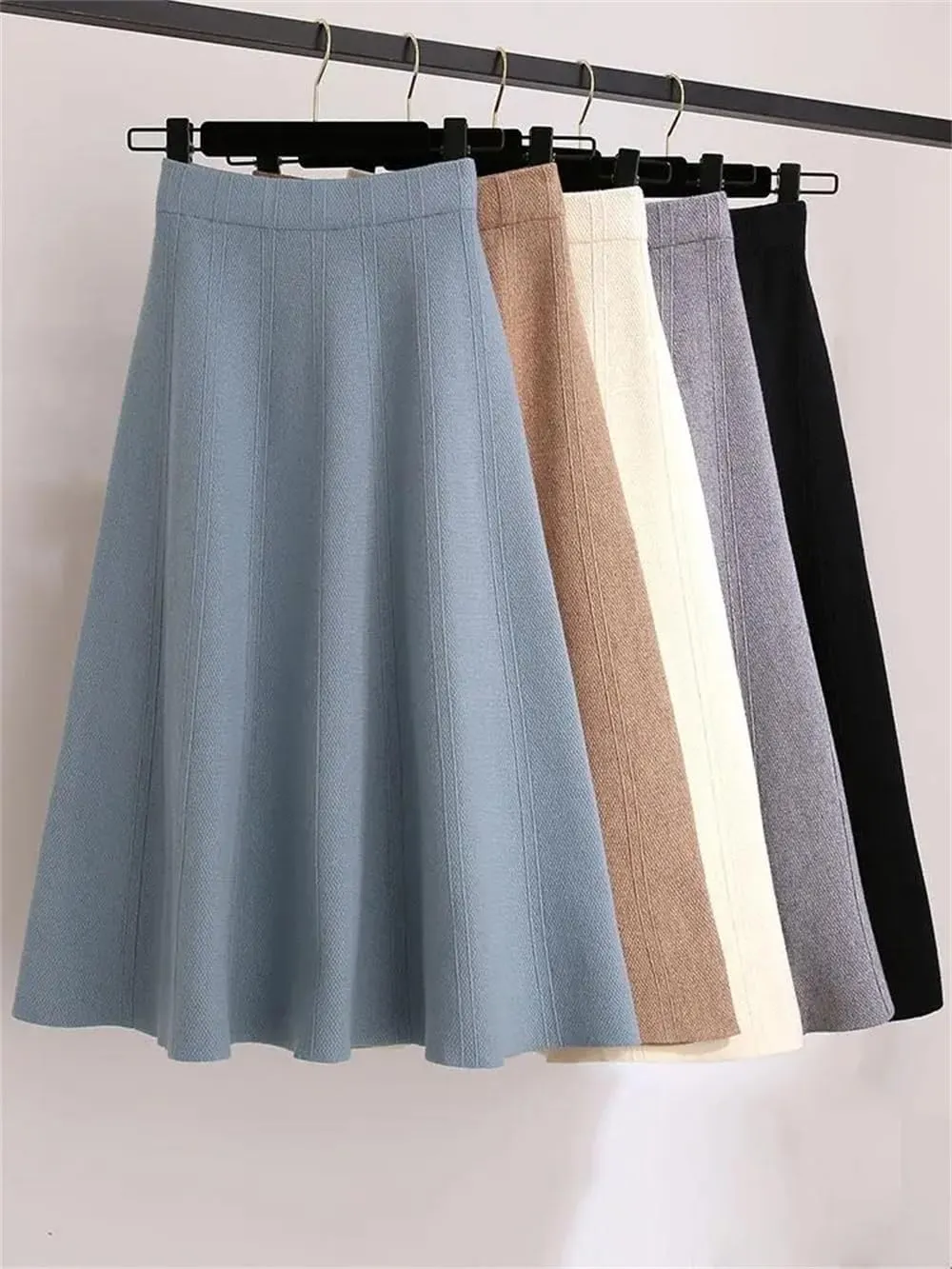 Dvbfufv Women Autumn Winter Knitted Midi Skirts Female Warm Pleated A-Line Skirt Ladies High Waist Solid Skirts