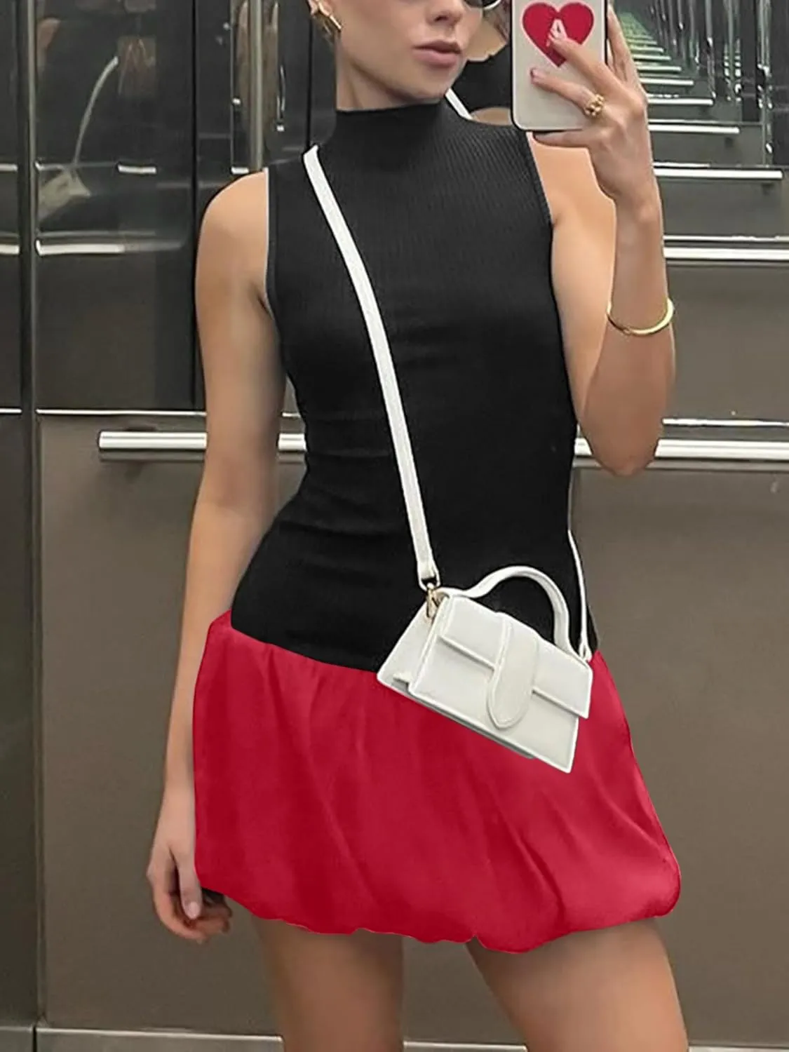 Ekaliy Bubble Dress for Women Sexy Sleeveless Mock Neck Knit Open Back Mini Dress Bodycon Y2k Party Club Short Dress