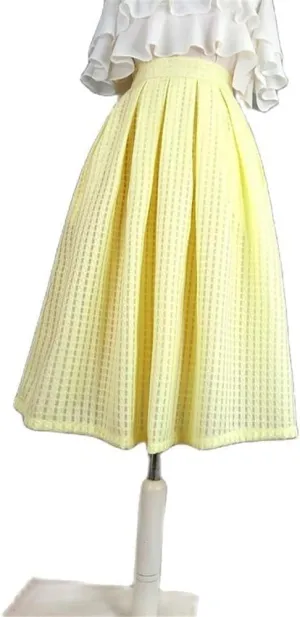 Elegant Vintage Plaid High Waist Yellow Pleated Midi Skirt for Office Spring Summer