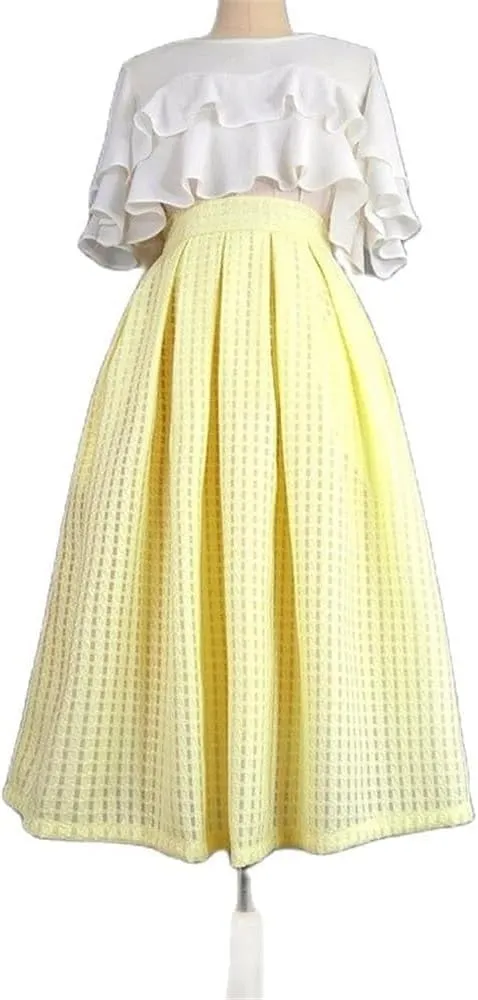 Elegant Vintage Plaid High Waist Yellow Pleated Midi Skirt for Office Spring Summer