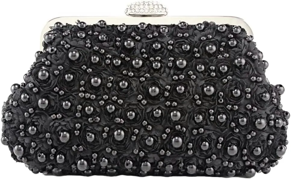 Elegant Womens Floral Evening Clutch Pearl Purse with Chain Handbag Crossbody Shoulder Bag for Wedding Party Prom