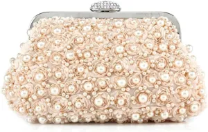 Elegant Womens Floral Evening Clutch Pearl Purse with Chain Handbag Crossbody Shoulder Bag for Wedding Party Prom