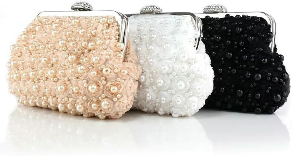 Elegant Womens Floral Evening Clutch Pearl Purse with Chain Handbag Crossbody Shoulder Bag for Wedding Party Prom