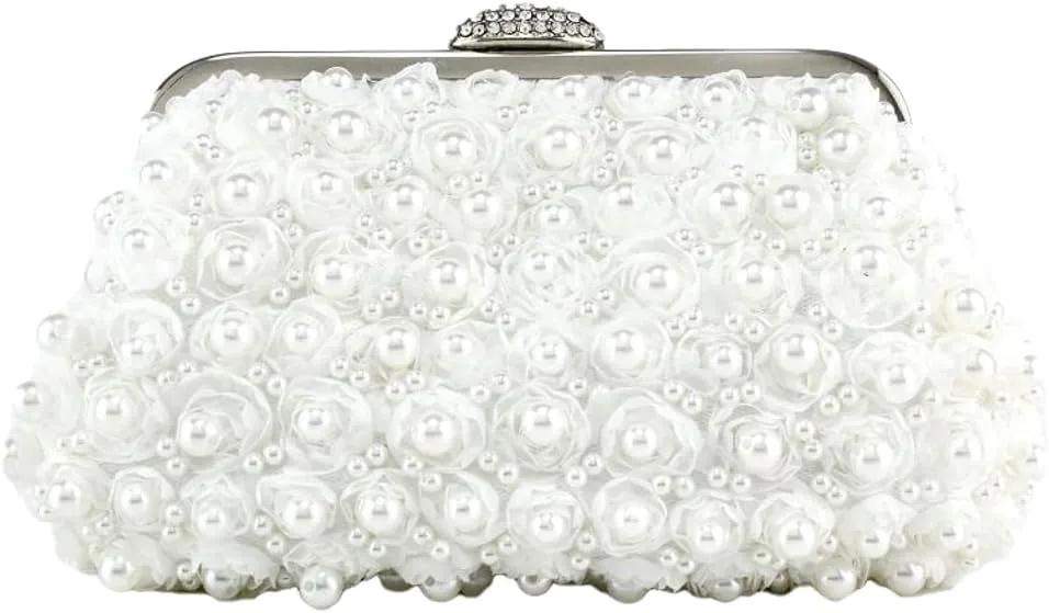 Elegant Womens Floral Evening Clutch Pearl Purse with Chain Handbag Crossbody Shoulder Bag for Wedding Party Prom