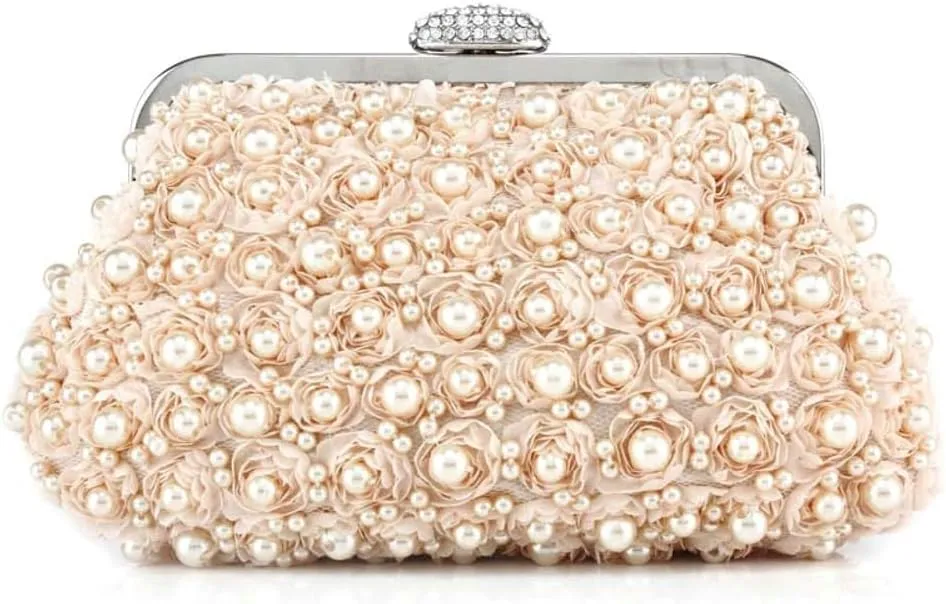 Elegant Womens Floral Evening Clutch Pearl Purse with Chain Handbag Crossbody Shoulder Bag for Wedding Party Prom