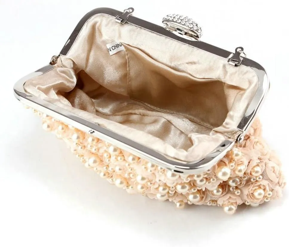 Elegant Womens Floral Evening Clutch Pearl Purse with Chain Handbag Crossbody Shoulder Bag for Wedding Party Prom