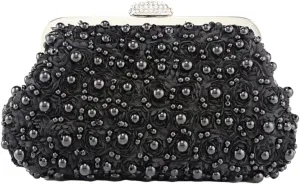 Elegant Womens Floral Evening Clutch Pearl Purse with Chain Handbag Crossbody Shoulder Bag for Wedding Party Prom