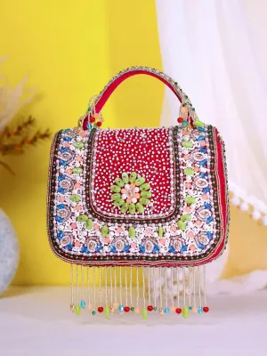 Embroided Stylish Women's Stones Evening Red Gold Chain Strap Party Clutch Wedding Bag Wallet, Money Bag White Bridal Bridesmaid Decorated Bags Handbag with Pearl for Dance Bridal Purse Wedding