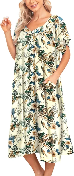 ENJOYNIGHT Womens House Dress Short Sleeve Duster Housecoat Plus Muumuu Nightgown With Pockets M-3XL