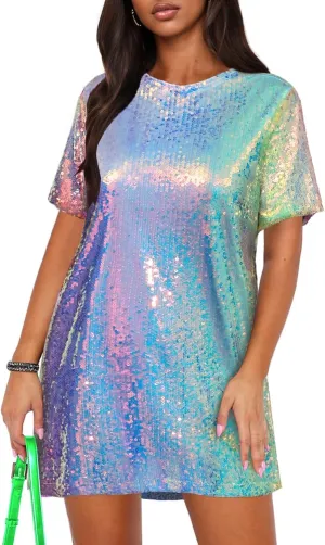 ENOPINK Women Sequin T Shirt Dress Backless Sparkly Short Sleeve Shift Dresses for Women 2025