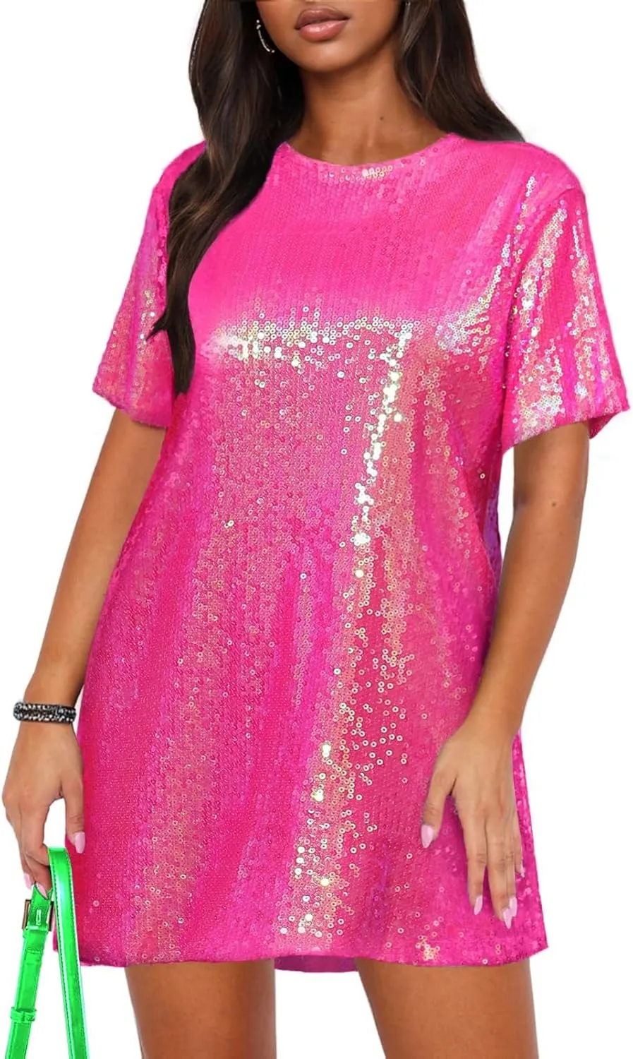 ENOPINK Women Sequin T Shirt Dress Backless Sparkly Short Sleeve Shift Dresses for Women 2025