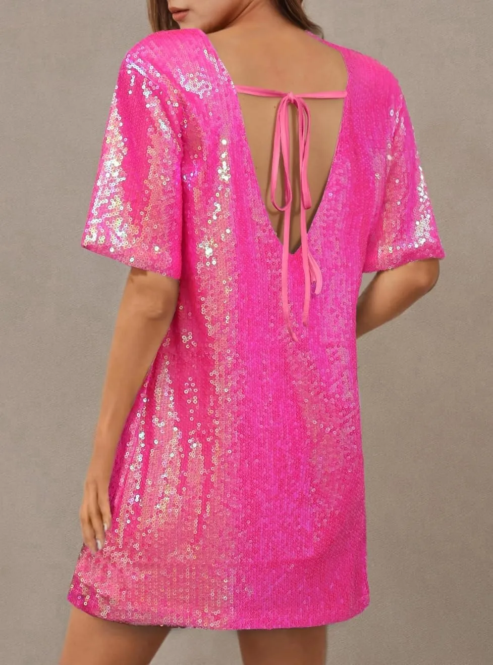 ENOPINK Women Sequin T Shirt Dress Backless Sparkly Short Sleeve Shift Dresses for Women 2025