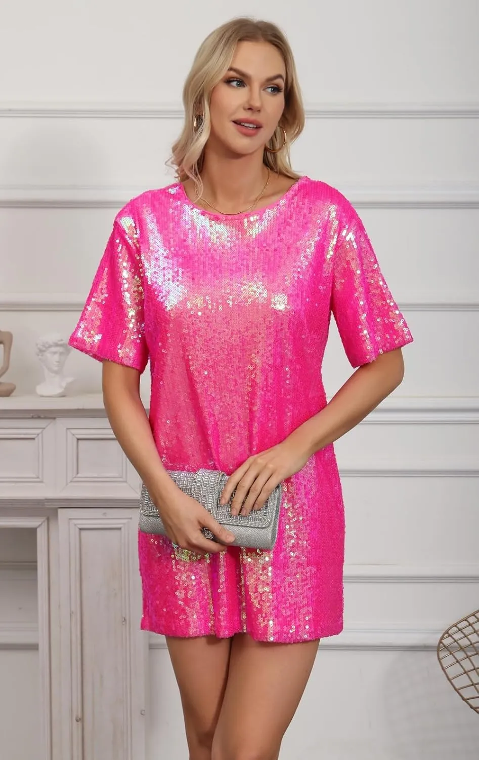 ENOPINK Women Sequin T Shirt Dress Backless Sparkly Short Sleeve Shift Dresses for Women 2025