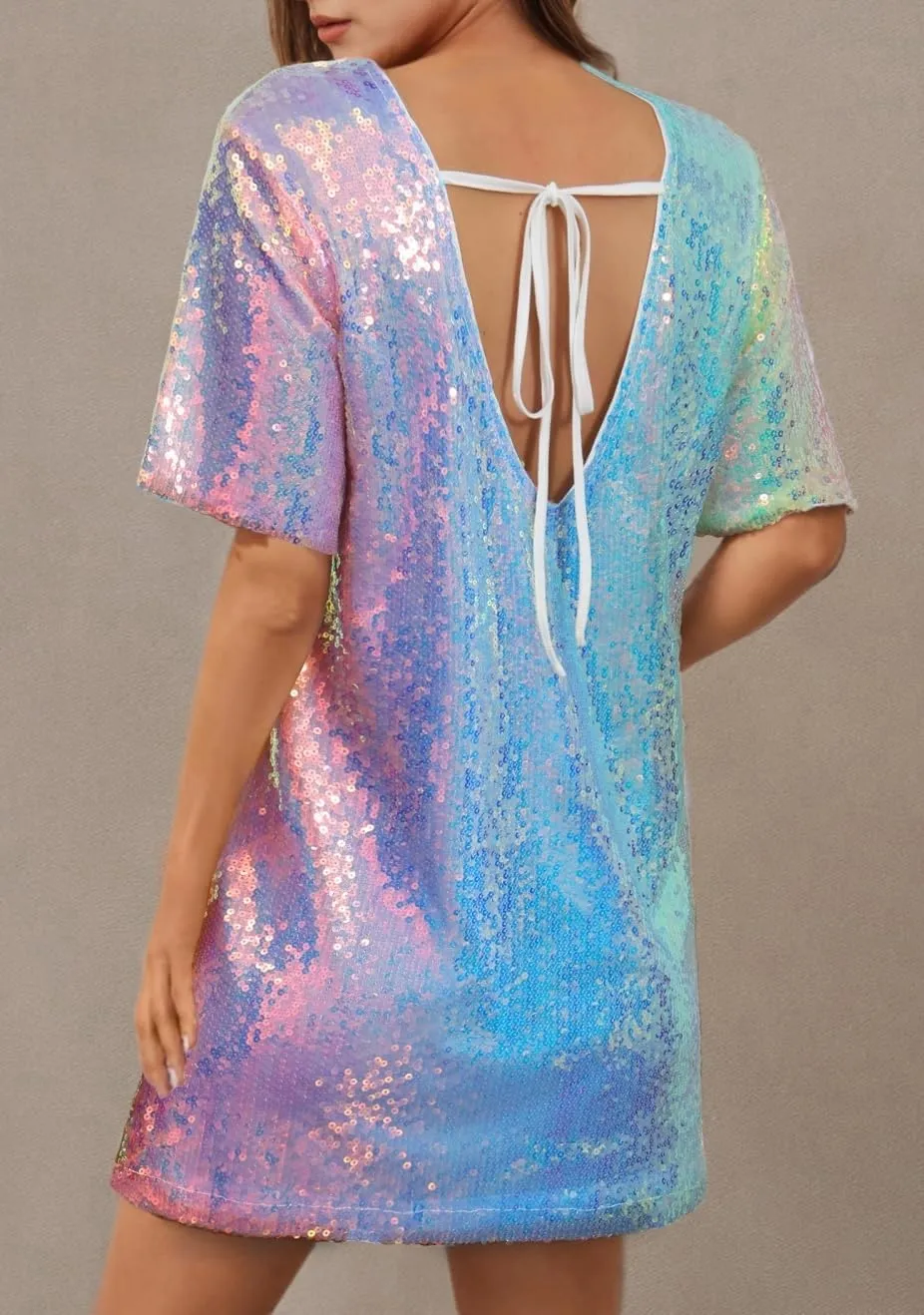 ENOPINK Women Sequin T Shirt Dress Backless Sparkly Short Sleeve Shift Dresses for Women 2025