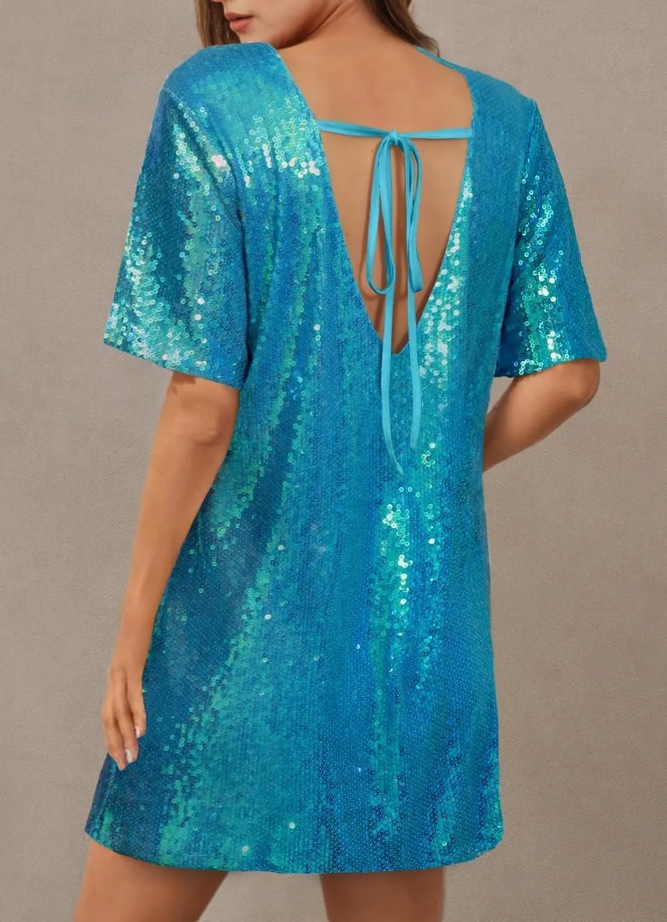 ENOPINK Women Sequin T Shirt Dress Backless Sparkly Short Sleeve Shift Dresses for Women 2025