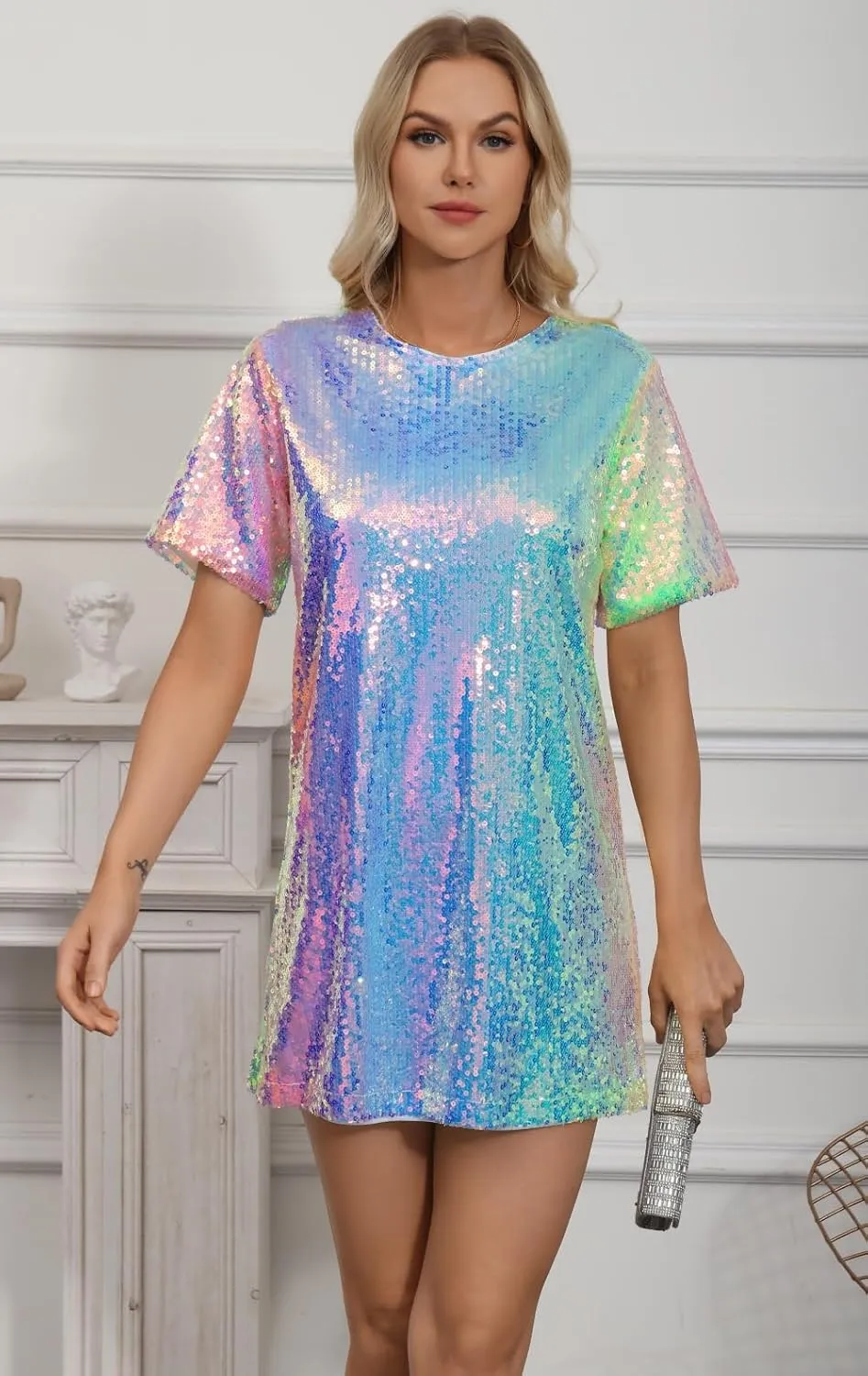 ENOPINK Women Sequin T Shirt Dress Backless Sparkly Short Sleeve Shift Dresses for Women 2025