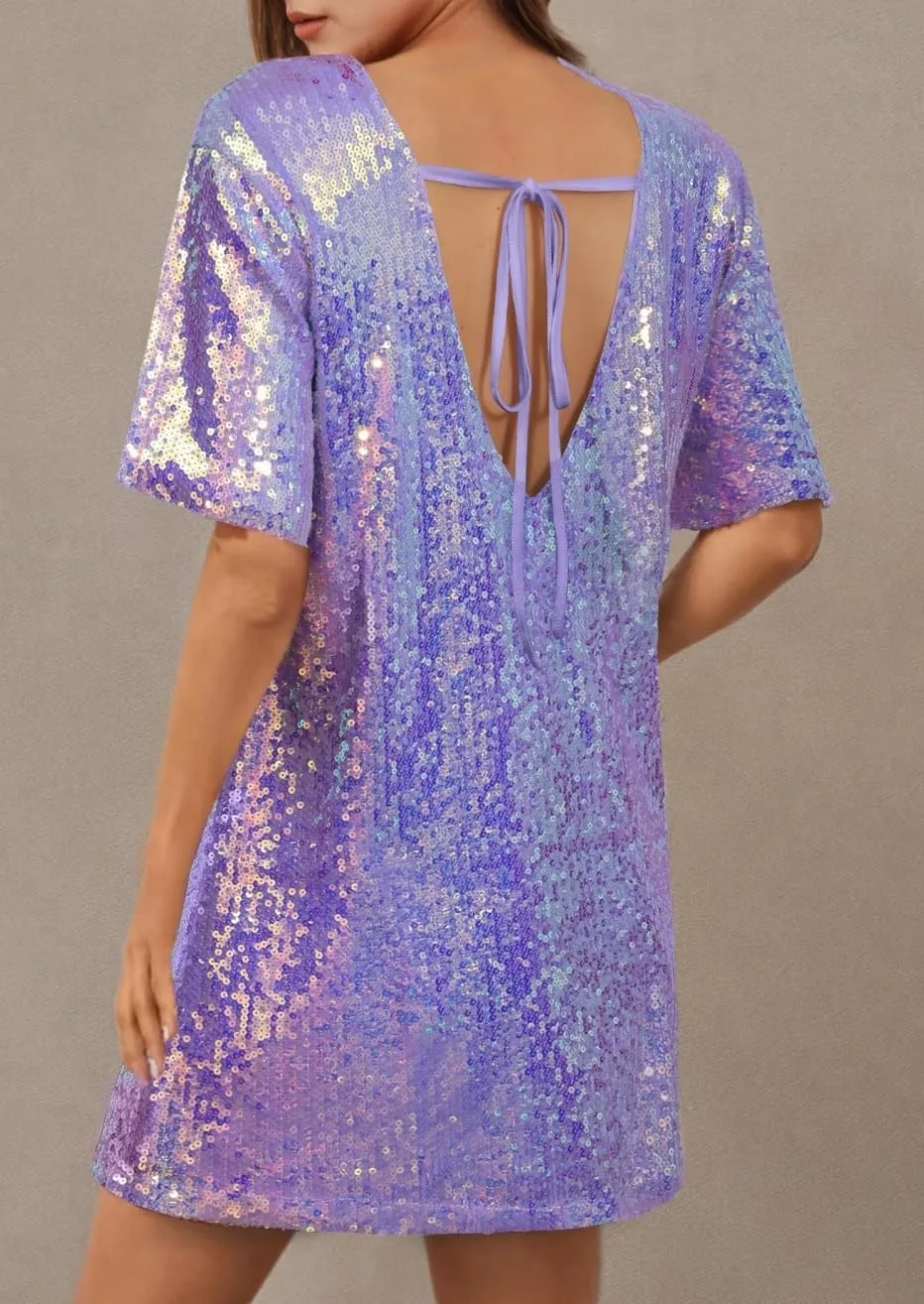 ENOPINK Women Sequin T Shirt Dress Backless Sparkly Short Sleeve Shift Dresses for Women 2025