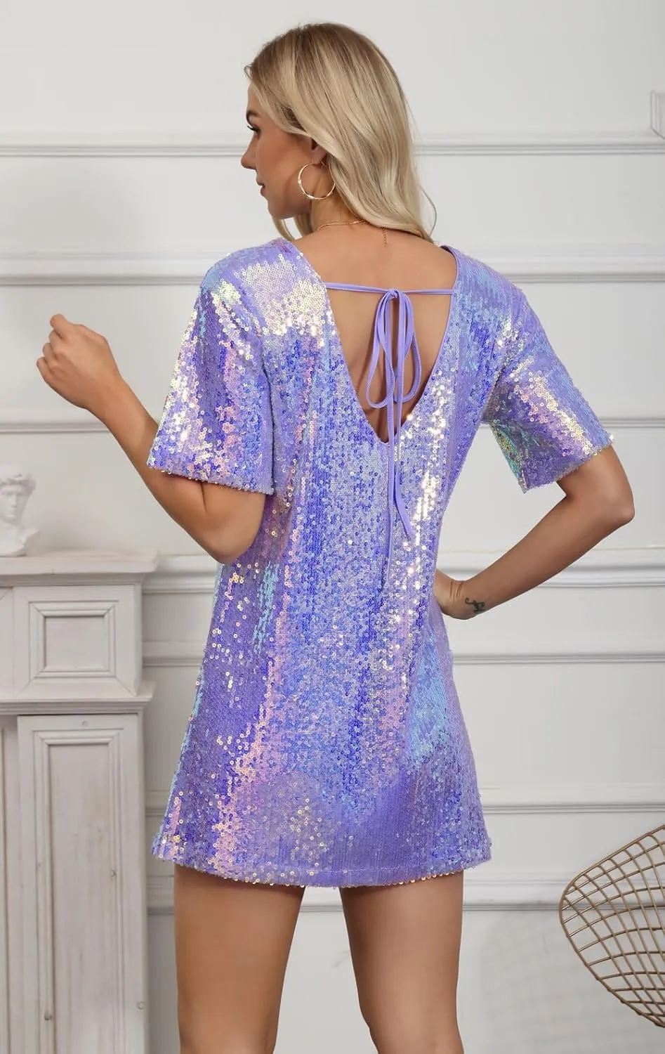 ENOPINK Women Sequin T Shirt Dress Backless Sparkly Short Sleeve Shift Dresses for Women 2025