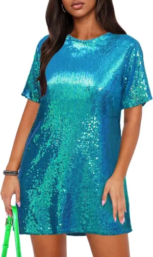 ENOPINK Women Sequin T Shirt Dress Backless Sparkly Short Sleeve Shift Dresses for Women 2025