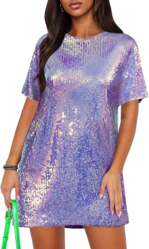 ENOPINK Women Sequin T Shirt Dress Backless Sparkly Short Sleeve Shift Dresses for Women 2025