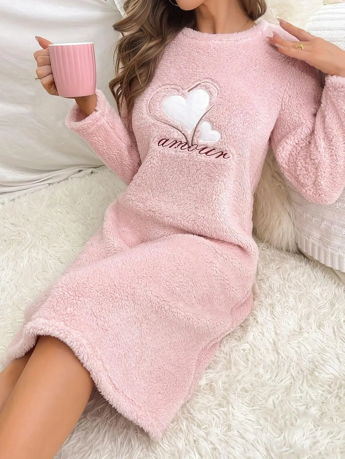 Eternatastic Women Long Sleeve Nightgown Fleece Dresses Thicken Plush Midi Dress Fuzzy Night Shirt Pullover Sweatshirt